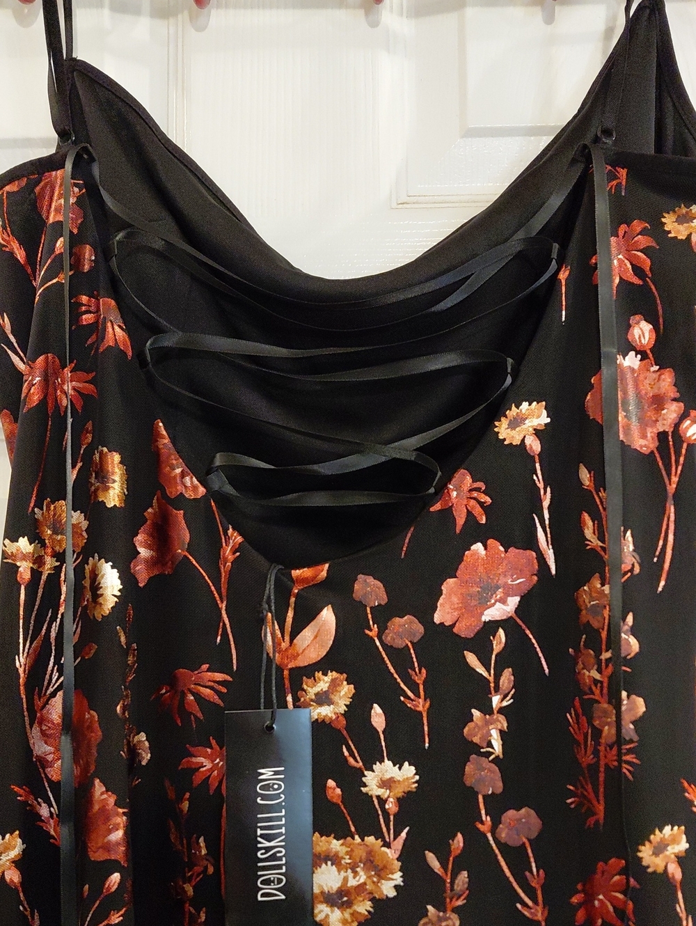 DOLLSKILL CURRENT MOOD MAXI XXL Black Slip Dress with Burnt Orange Floral Print - Picture 16 of 16